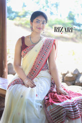 White & red weaving Assam Khadi Handwoven Saree
